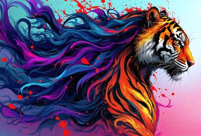 The primary subject of the image is a colorful, vibrant tiger with long hair. The tiger is the main focus of the image, and it is depicted in a colorful and artistic manner. The setting is a colorful background, which complements the tiger's vivid appearance. The visual style of the image is a combination of digital art and illustration, creating a unique and eye-catching representation of the tiger. The colors and mood of the image are lively and energetic